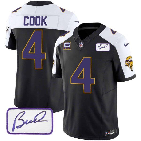 Men’s Vikings Bud Grant Patch Classic Limited Jersey V4 – All Stitched – Black Alternate – Dalvin Cook