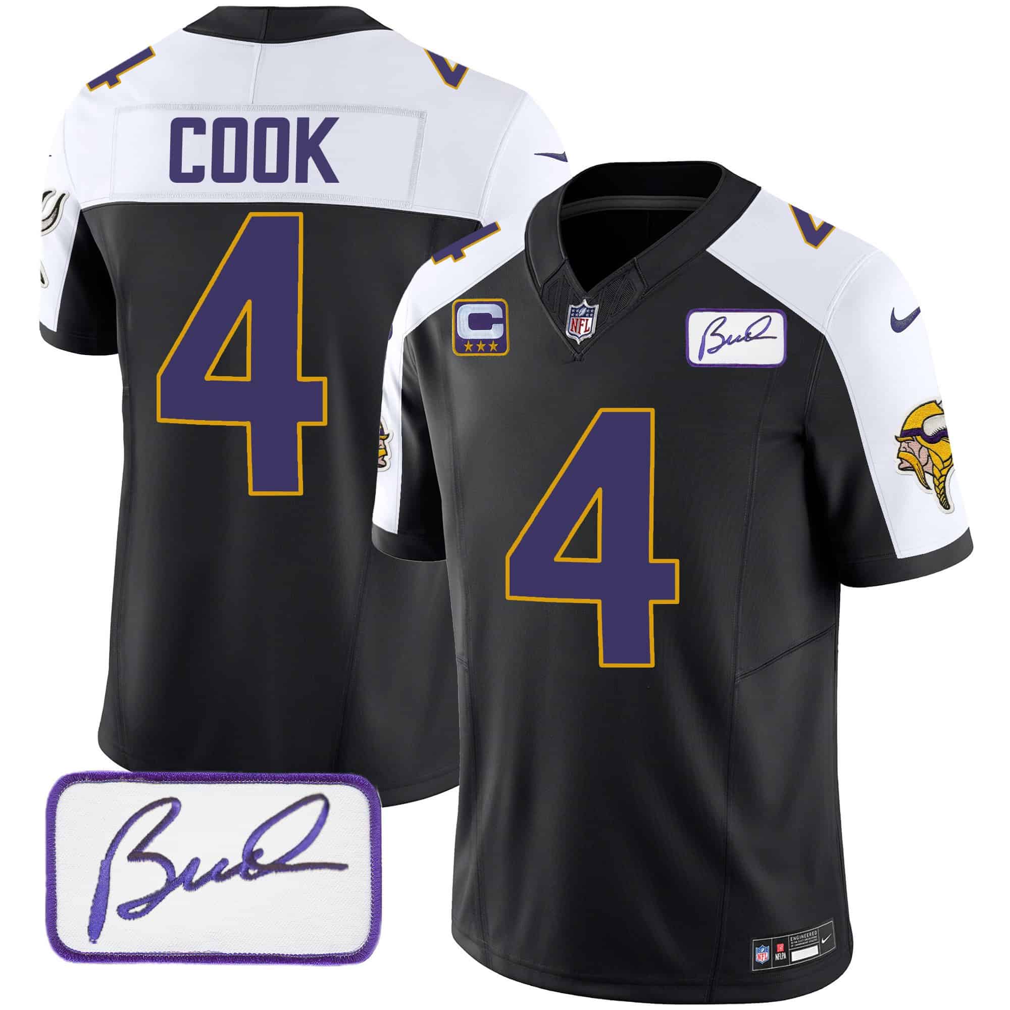 Men’s Vikings Bud Grant Patch Classic Limited Jersey V4 – All Stitched – Black Alternate – Dalvin Cook