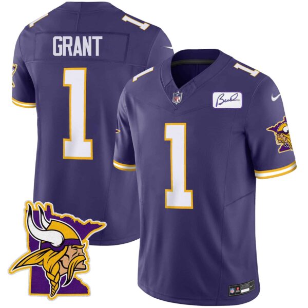 Men’s Vikings Bud Grant Patch Classic Limited Jersey V5 – All Stitched – Purple – Bud Grant