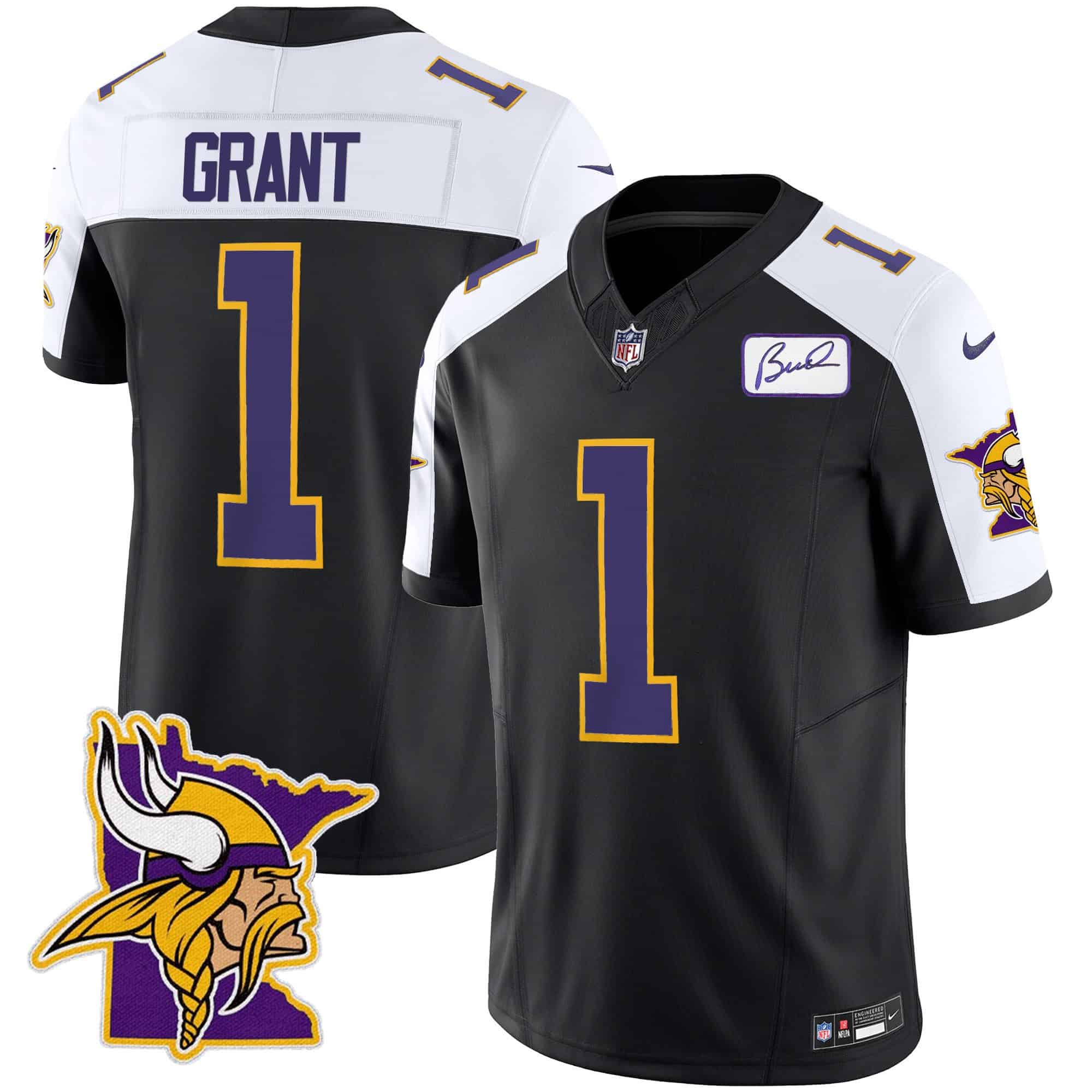 Men’s Vikings Bud Grant Patch Classic Limited Jersey V5 – All Stitched – Black Alternate – Bud Grant