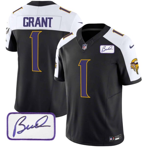 Men’s Vikings Bud Grant Patch Classic Limited Jersey V4 – All Stitched – Black Alternate – Bud Grant