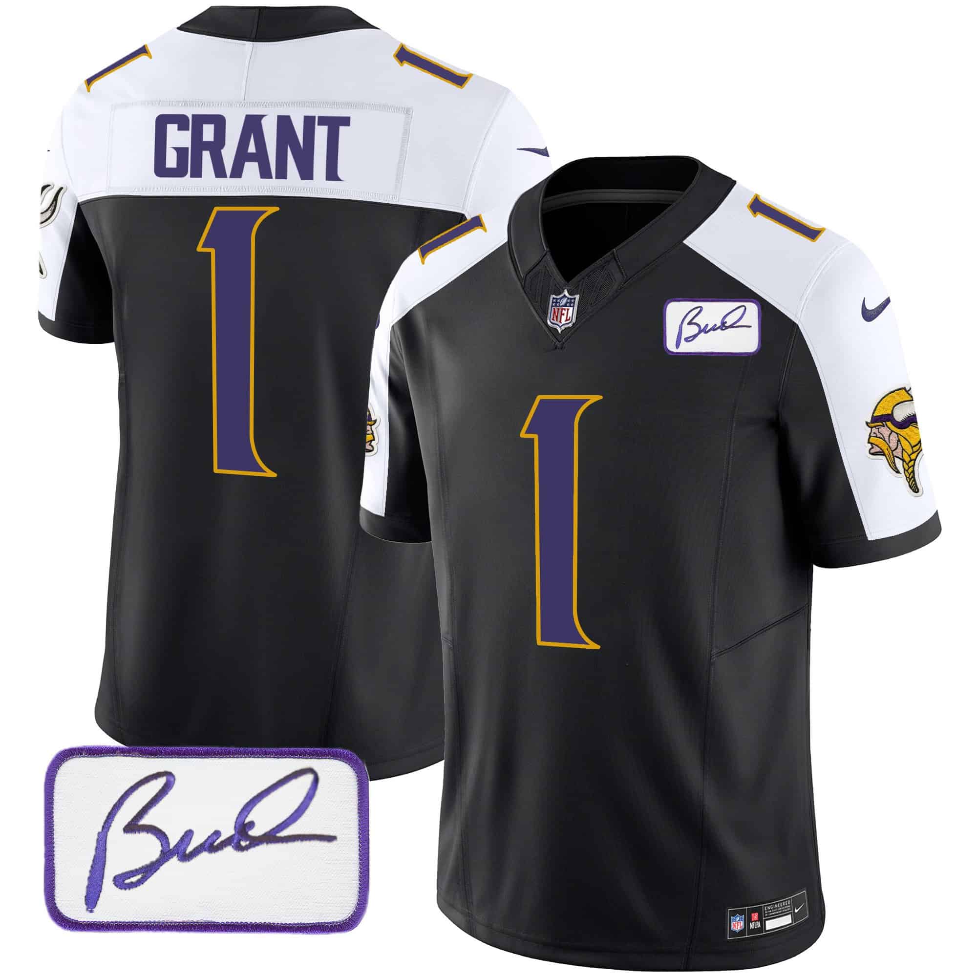 Men’s Vikings Bud Grant Patch Classic Limited Jersey V4 – All Stitched – Black Alternate – Bud Grant