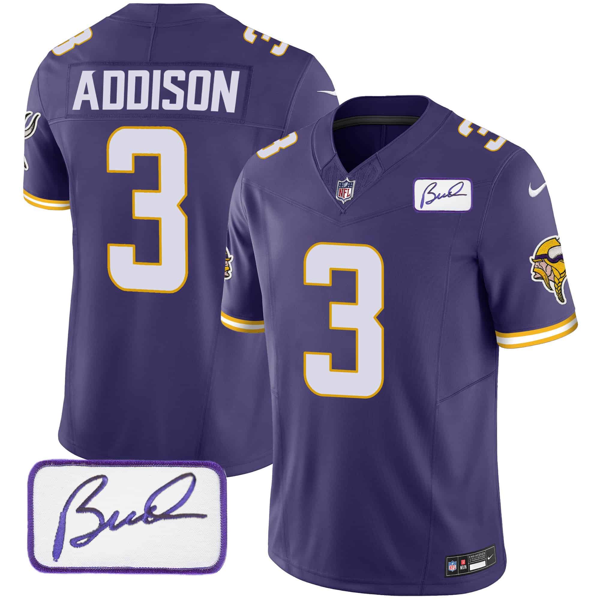 Men’s Vikings Bud Grant Patch Classic Limited Jersey V4 – All Stitched – Purple – Jordan Addison