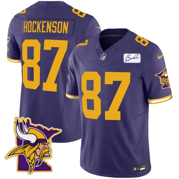 Men’s Vikings Bud Grant Patch Classic Limited Jersey V5 – All Stitched – Color Rush – T.J. Hockenson