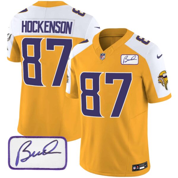 Men’s Vikings Bud Grant Patch Classic Limited Jersey V4 – All Stitched – Gold Alternate – T.J. Hockenson