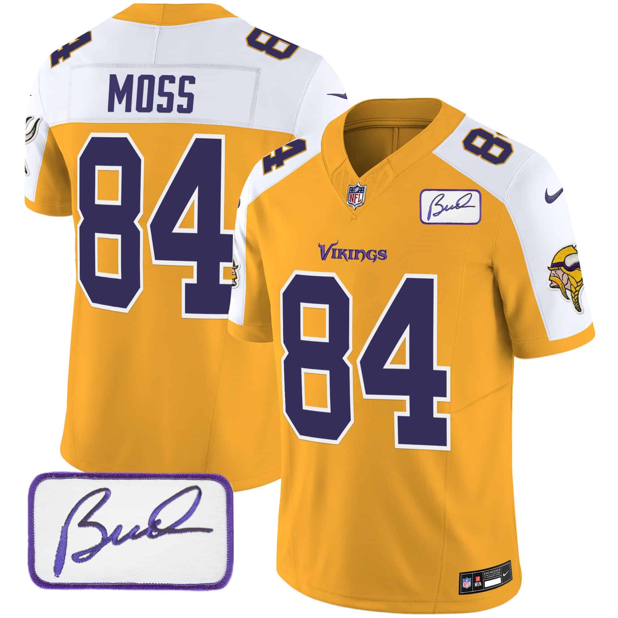 Men’s Vikings Bud Grant Patch Classic Limited Jersey V6 – All Stitched – Gold Alternate – Randy Moss