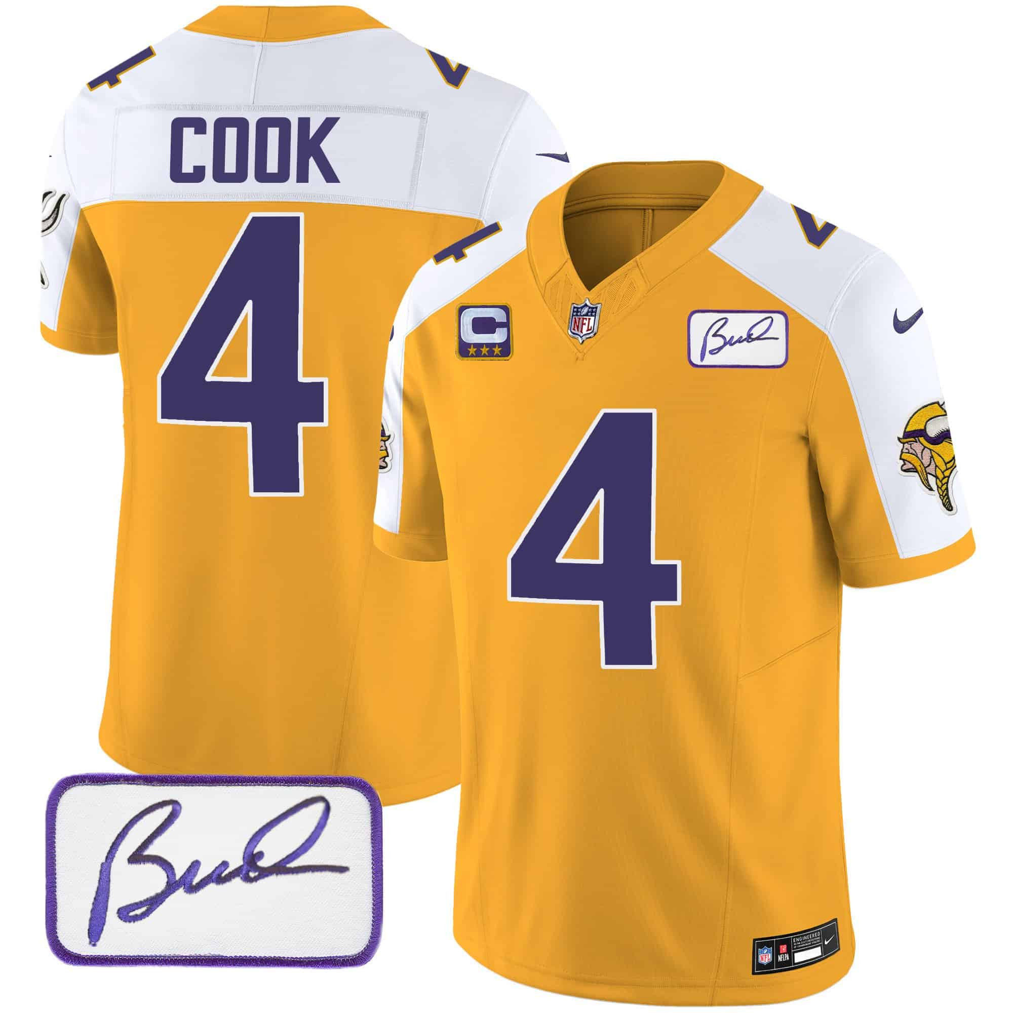 Men’s Vikings Bud Grant Patch Classic Limited Jersey V4 – All Stitched – Gold Alternate – Dalvin Cook