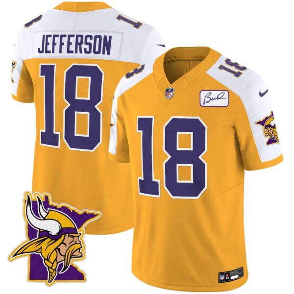 Men’s Vikings Bud Grant Patch Classic Limited Jersey V5 – All Stitched – Gold Alternate – Justin Jefferson