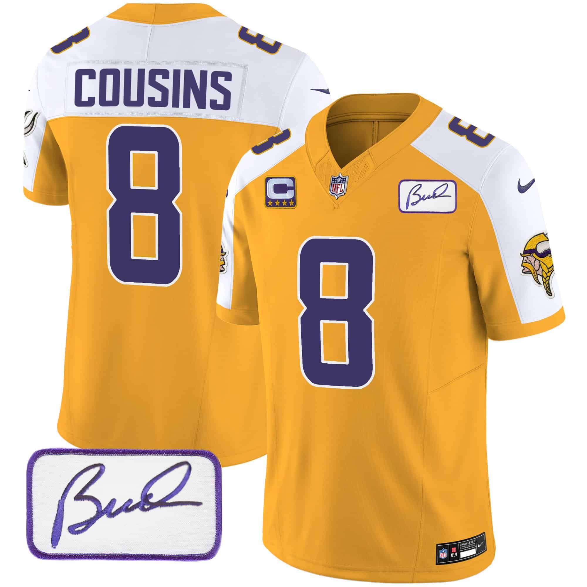 Men’s Vikings Bud Grant Patch Classic Limited Jersey V4 – All Stitched – Gold Alternate – Kirk Cousins