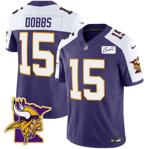 Men’s Vikings Bud Grant Patch Classic Limited Jersey V5 – All Stitched – Purple Alternate – Joshua Dobbs