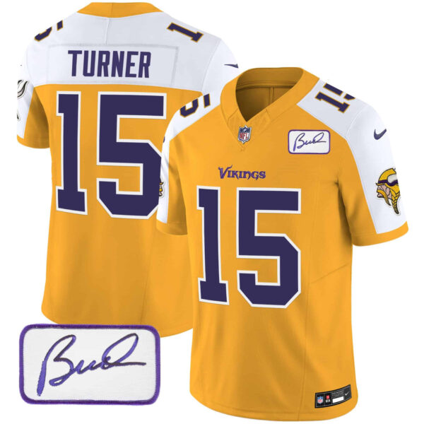 Men’s Vikings Bud Grant Patch Classic Limited Jersey V6 – All Stitched – Gold Alternate – Dallas Turner