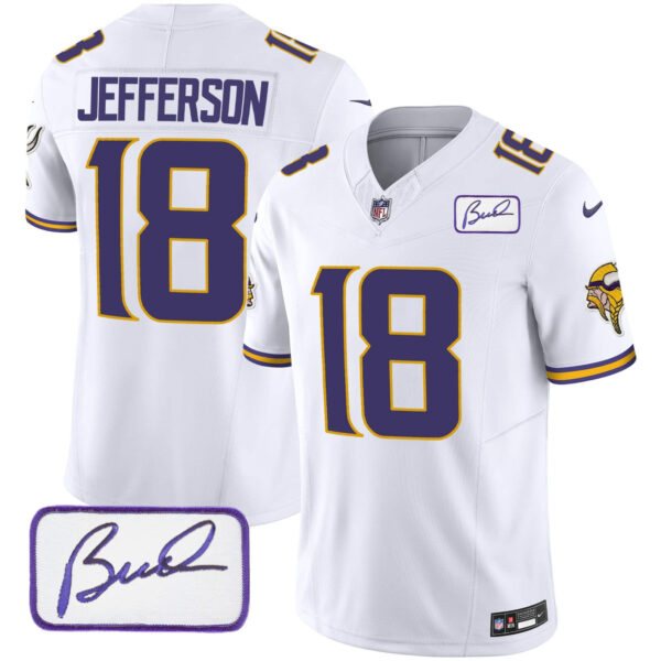 Men’s Vikings Bud Grant Patch Classic Limited Jersey V4 – All Stitched – White – Justin Jefferson