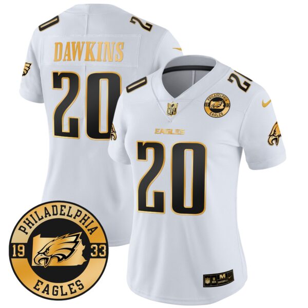WoEagles 2024 Gold Vapor Limited Jersey – Est. 1933 Patch – All Stitched – White Gold – Brian Dawkins Jersey
