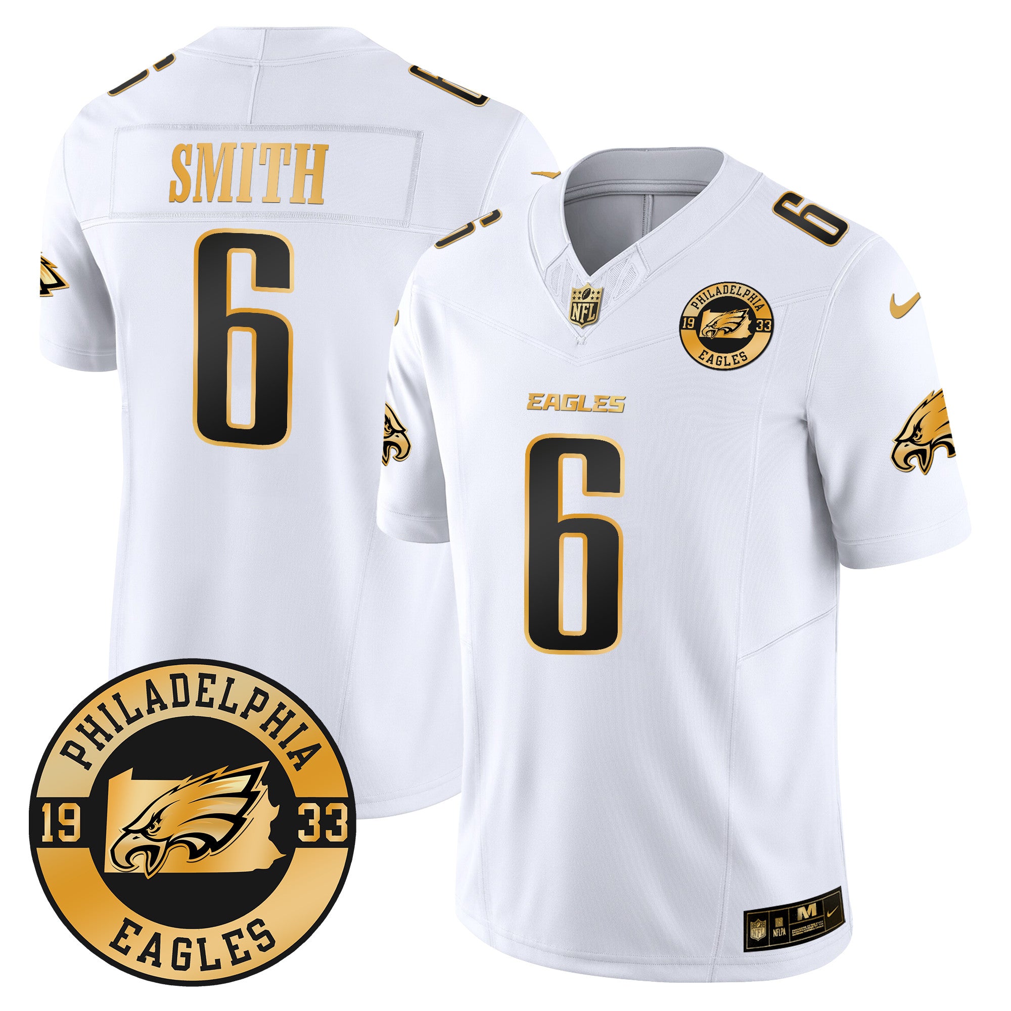 Eagles 2024 Gold Vapor Limited Jersey – Est. 1933 Patch – All Stitched – White Gold – DeVonta Smith Jersey