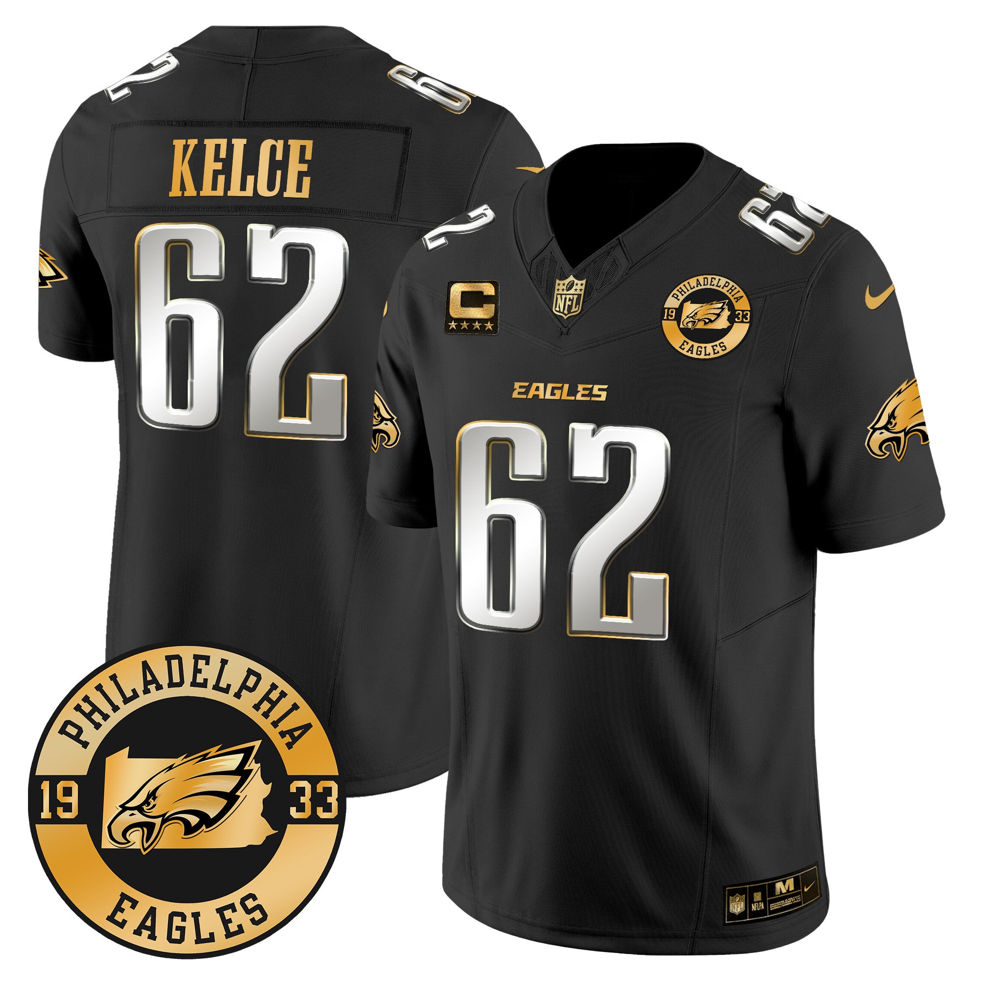 Eagles 2024 Gold Vapor Limited Jersey – Est. 1933 Patch – All Stitched – Black Limited – Jason Kelce Jersey