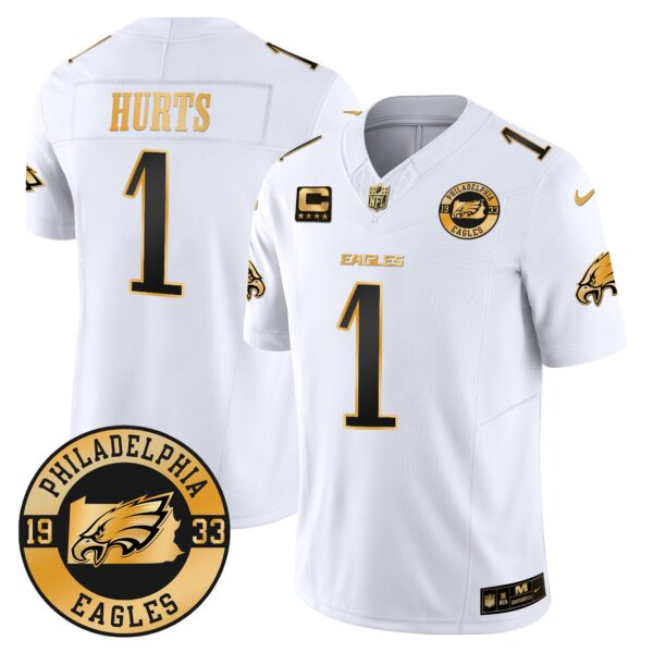 Eagles 2024 Gold Vapor Limited Jersey – Est. 1933 Patch – All Stitched – White Gold – Jalen Hurts Jersey