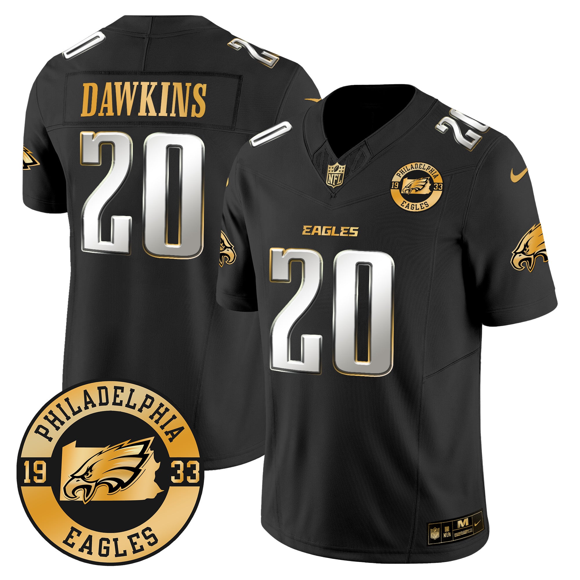 Eagles 2024 Gold Vapor Limited Jersey – Est. 1933 Patch – All Stitched – Black Limited – Brian Dawkins Jersey