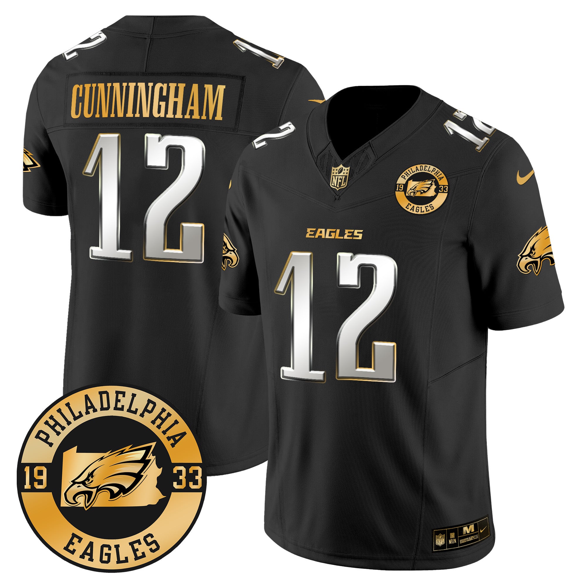 Eagles 2024 Gold Vapor Limited Jersey – Est. 1933 Patch – All Stitched – Black Limited – Randall Cunningham Jersey