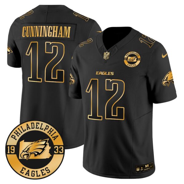 Eagles 2024 Gold Vapor Limited Jersey – Est. 1933 Patch – All Stitched – Black Gold – Randall Cunningham Jersey
