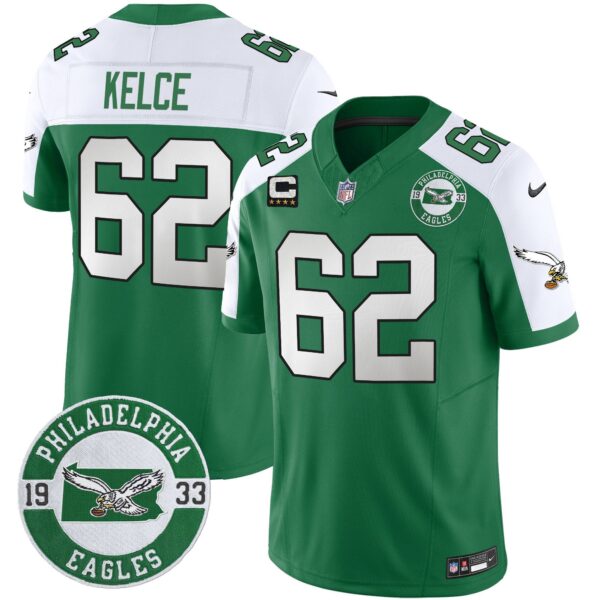 Philadelphia Eagles 2024 Throwback Vapor Limited Jersey – Est. 1933 Patch – All Stitched – Kelly Alternate – Jason Kelce Jersey