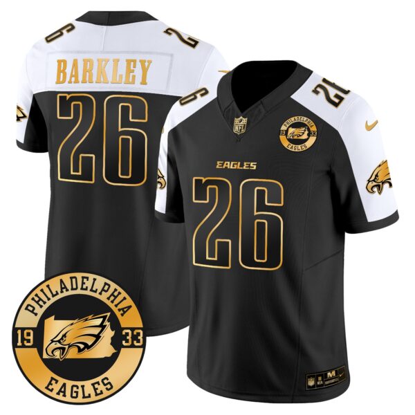 Eagles 2024 Gold Vapor Limited Jersey – Est. 1933 Patch – All Stitched – Alternate – Saquon Barkley Jersey