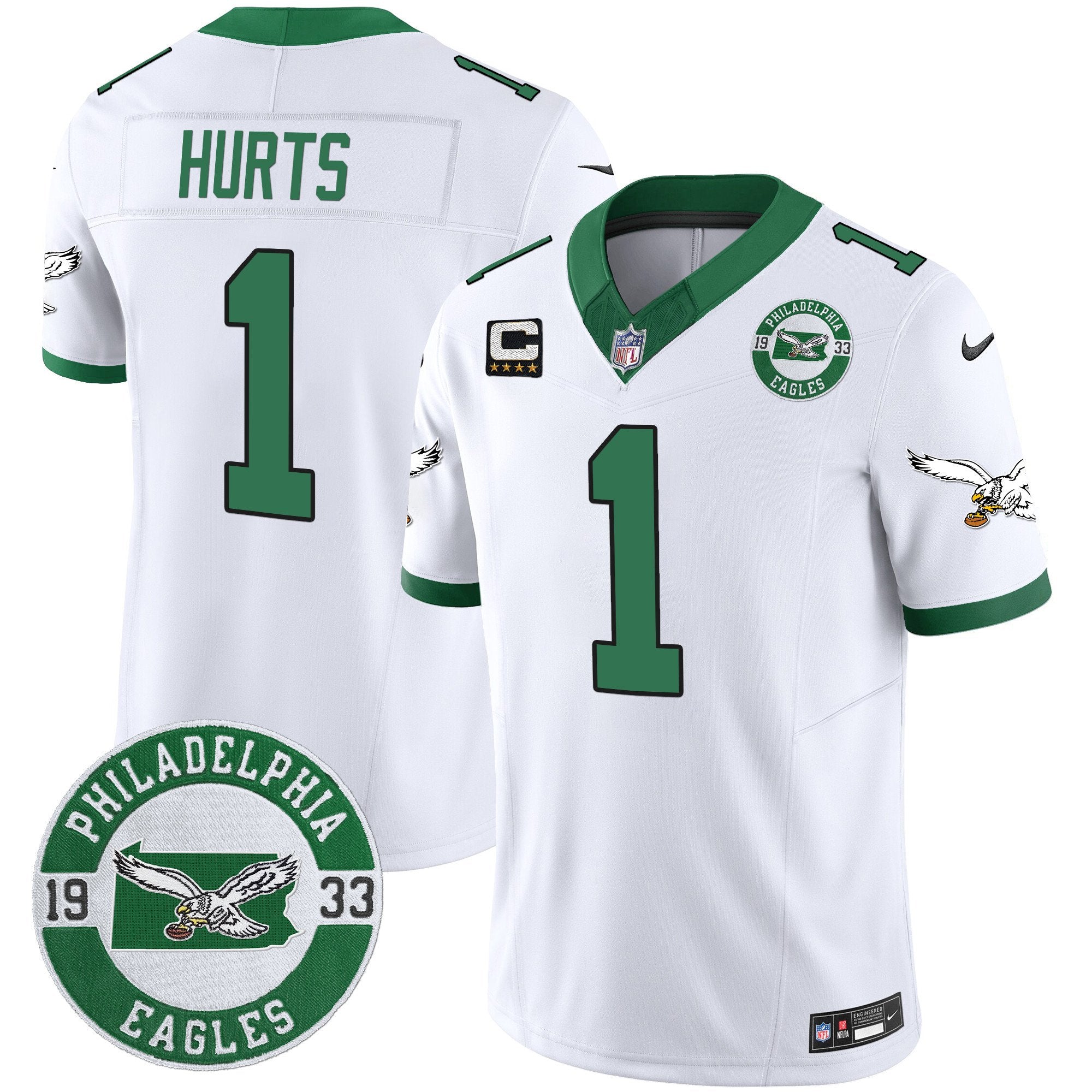 Philadelphia Eagles 2024 Throwback Vapor Limited Jersey – Est. 1933 Patch – All Stitched – Kelly White – Jalen Hurts Jersey