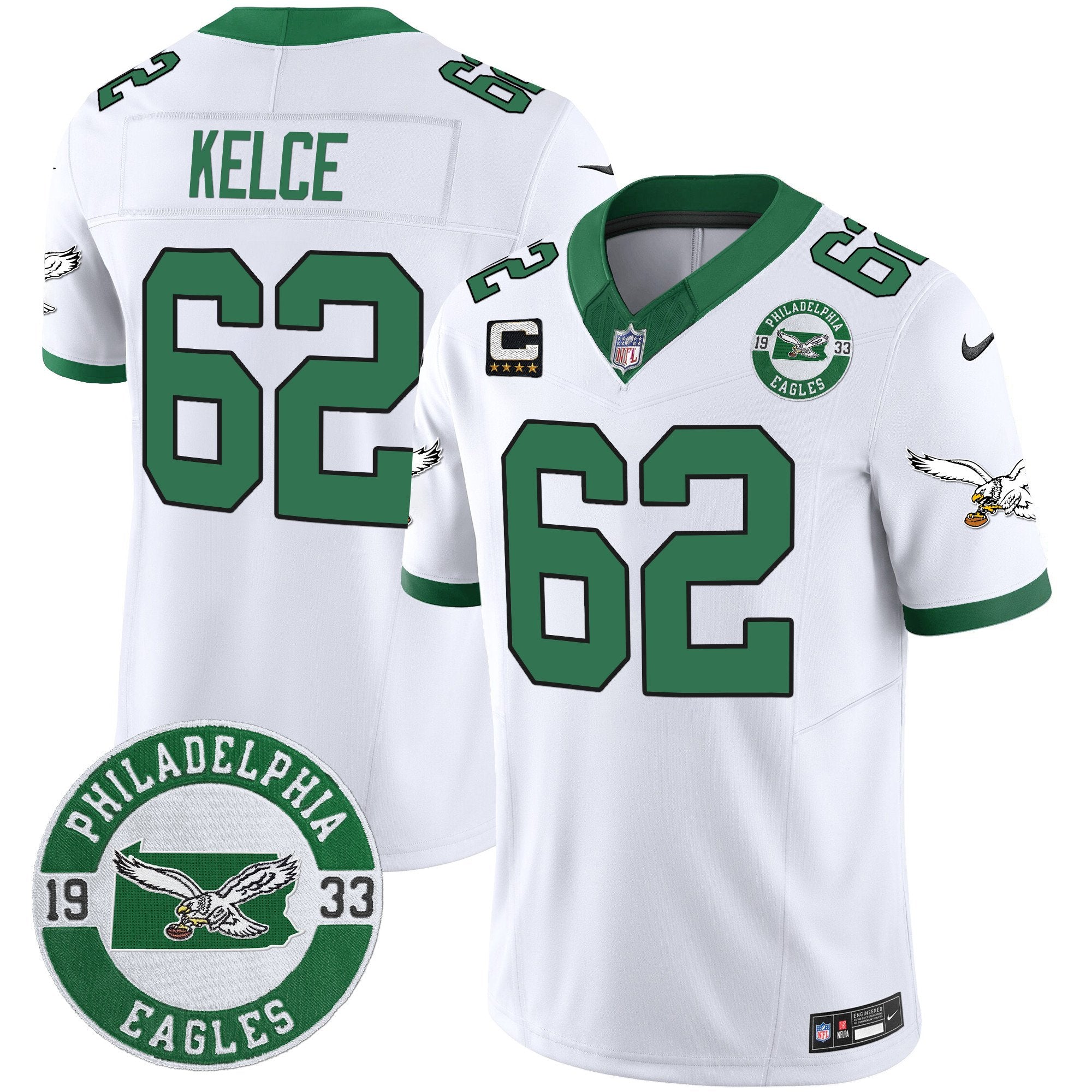 Philadelphia Eagles 2024 Throwback Vapor Limited Jersey – Est. 1933 Patch – All Stitched – Kelly White – Jason Kelce Jersey