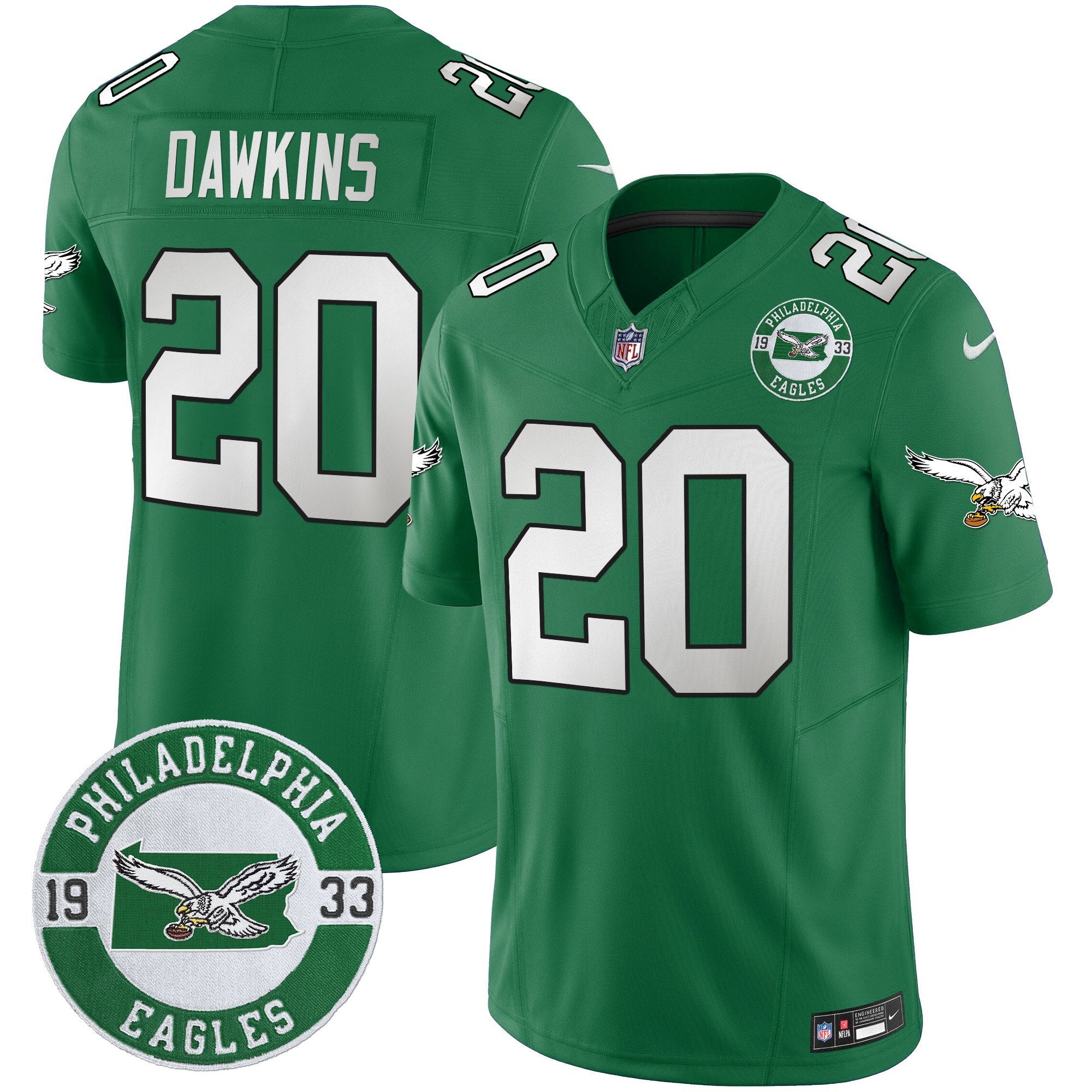 Philadelphia Eagles 2024 Throwback Vapor Limited Jersey – Est. 1933 Patch – All Stitched – Kelly Green – Brian Dawkins Jersey