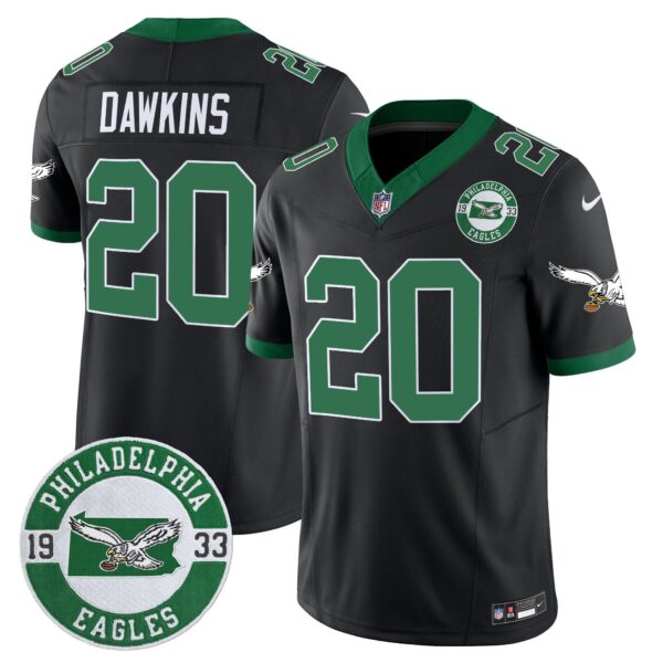 Philadelphia Eagles 2024 Throwback Vapor Limited Jersey – Est. 1933 Patch – All Stitched – Black – Brian Dawkins Jersey