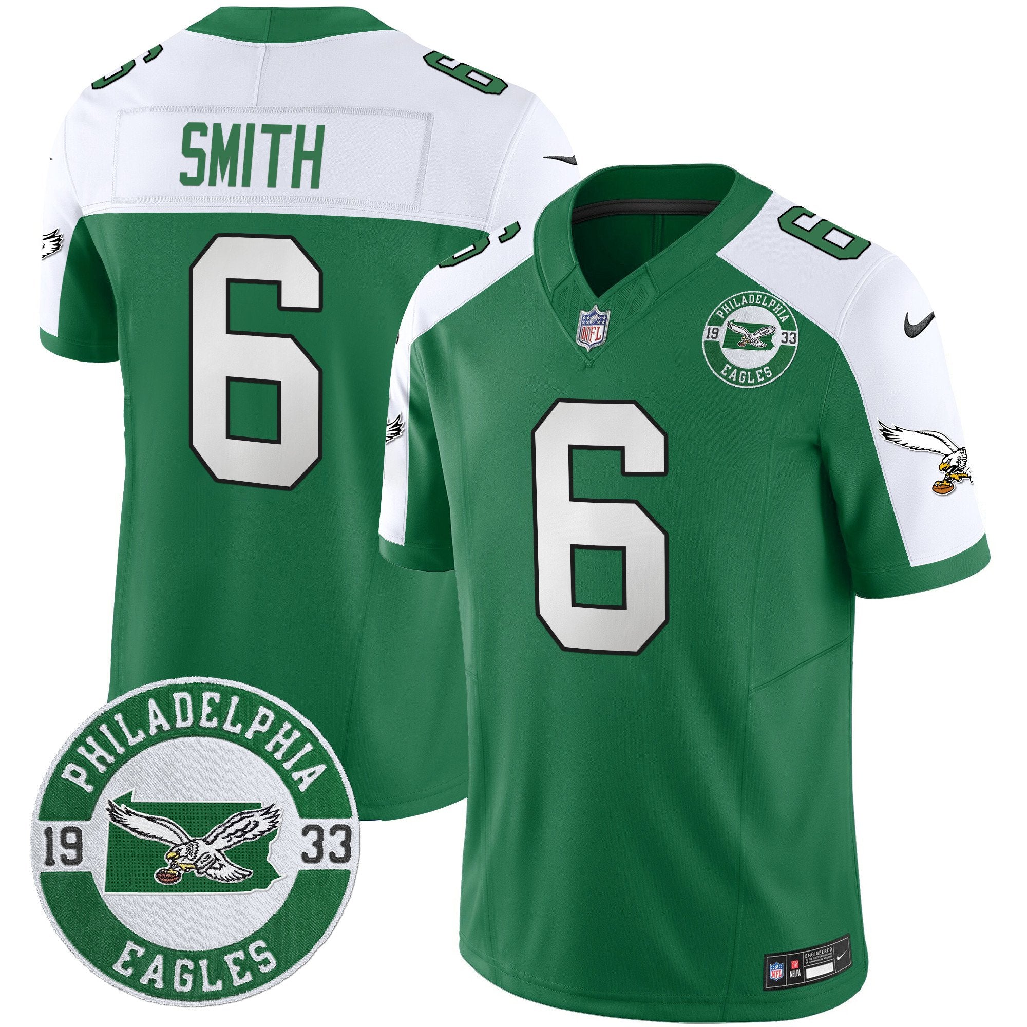 Philadelphia Eagles 2024 Throwback Vapor Limited Jersey – Est. 1933 Patch – All Stitched – Kelly Alternate – DeVonta Smith Jersey