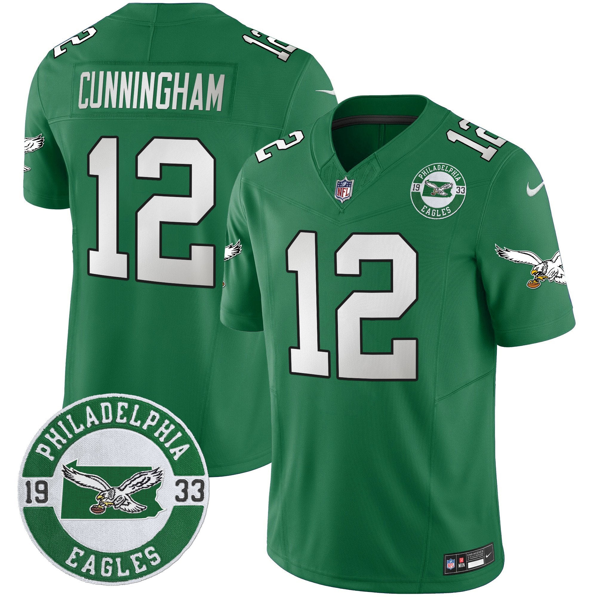 Philadelphia Eagles 2024 Throwback Vapor Limited Jersey – Est. 1933 Patch – All Stitched – Kelly Green – Randall Cunningham Jersey