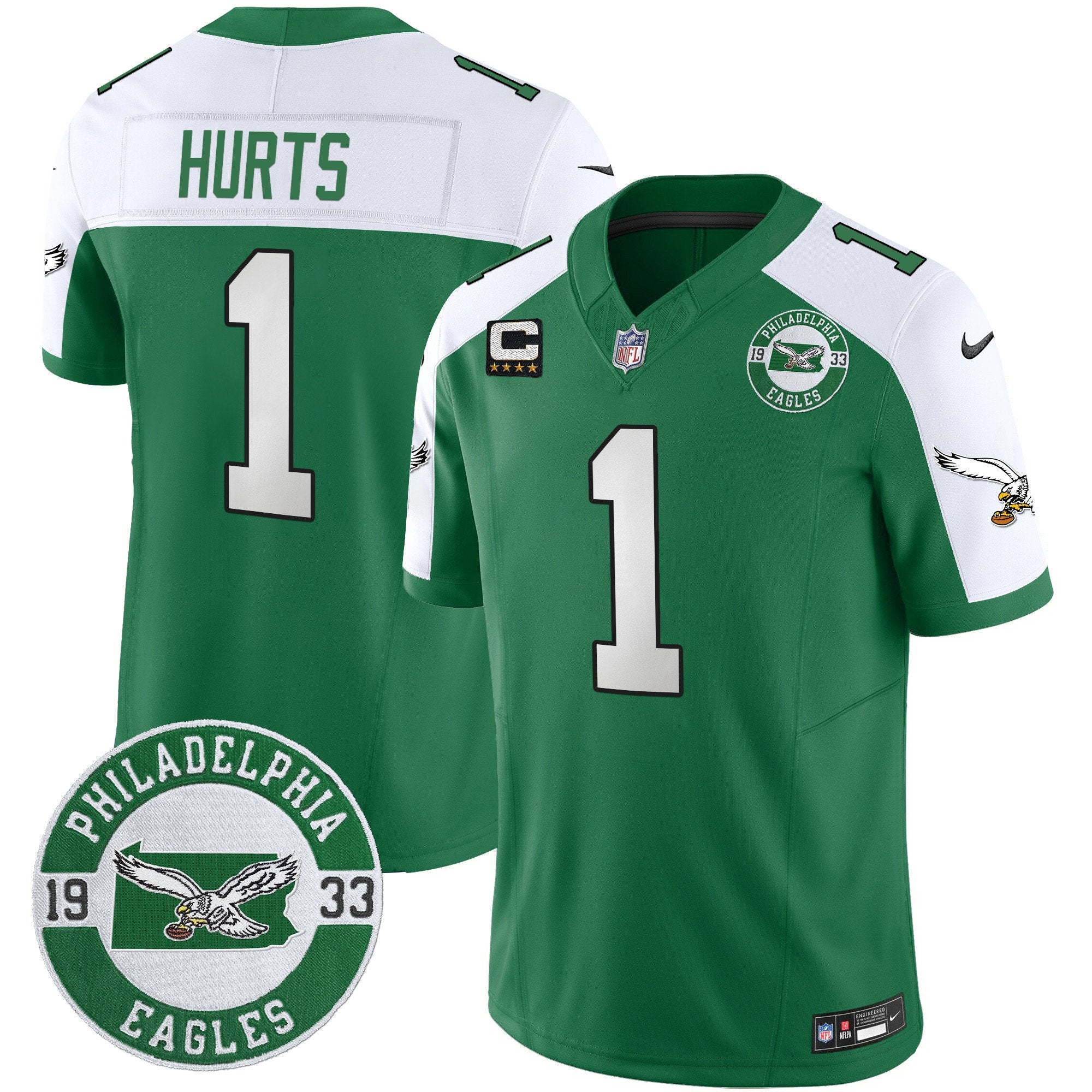 Philadelphia Eagles 2024 Throwback Vapor Limited Jersey – Est. 1933 Patch – All Stitched – Kelly Alternate – Jalen Hurts Jersey