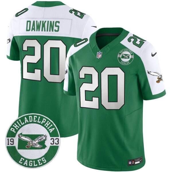 Philadelphia Eagles 2024 Throwback Vapor Limited Jersey – Est. 1933 Patch – All Stitched – Kelly Alternate – Brian Dawkins Jersey