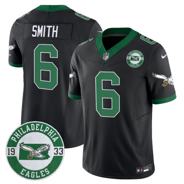 Philadelphia Eagles 2024 Throwback Vapor Limited Jersey – Est. 1933 Patch – All Stitched – Black – DeVonta Smith Jersey