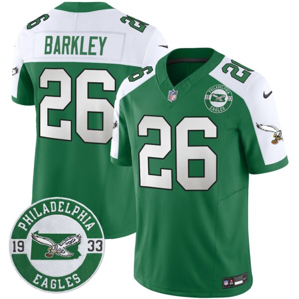 Philadelphia Eagles 2024 Throwback Vapor Limited Jersey – Est. 1933 Patch – All Stitched – Kelly Alternate – Saquon Barkley Jersey