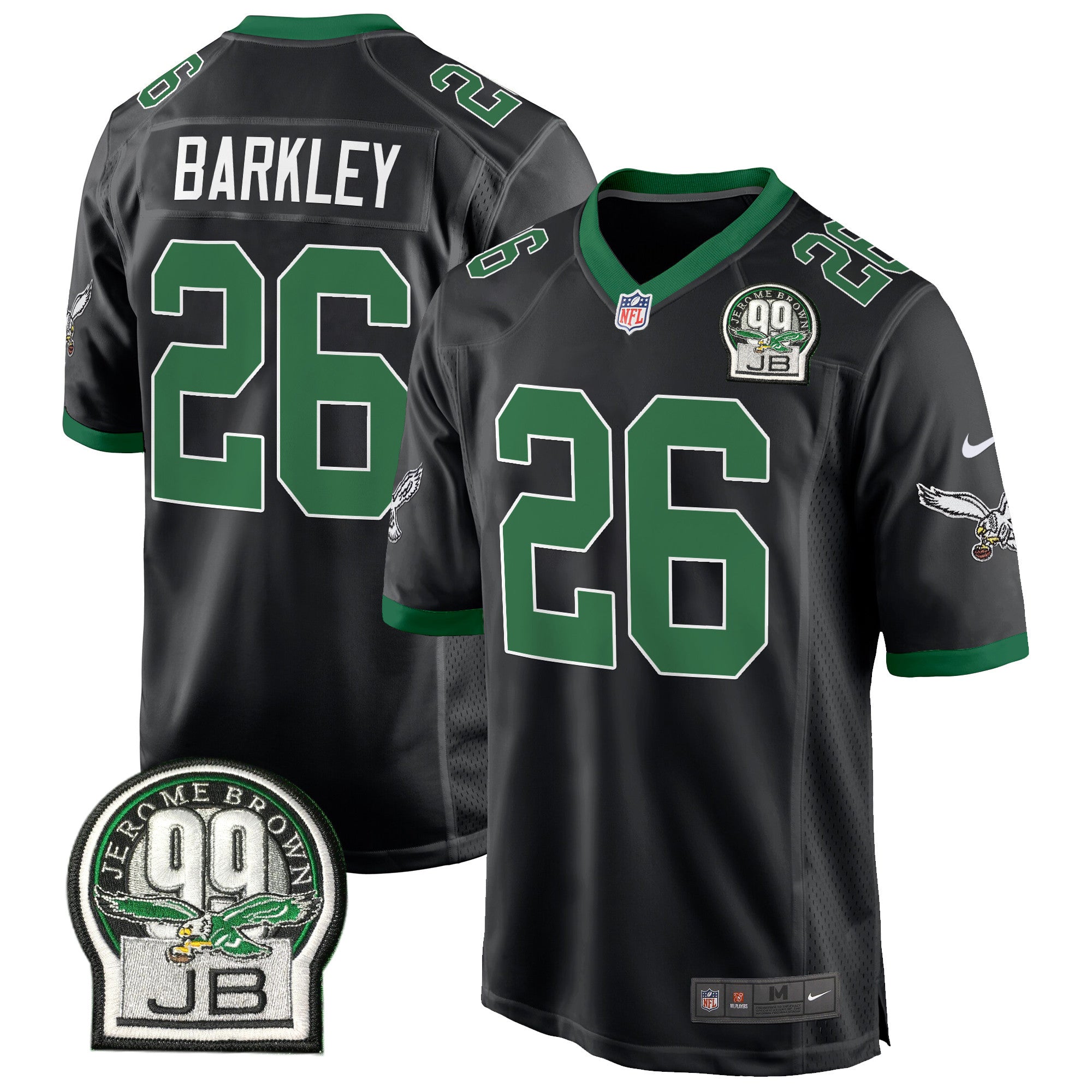 Eagles Jerome Brown Patch Kelly Green Alternate Game Jersey – All Stitched – Black – Saquon Barkley Jersey