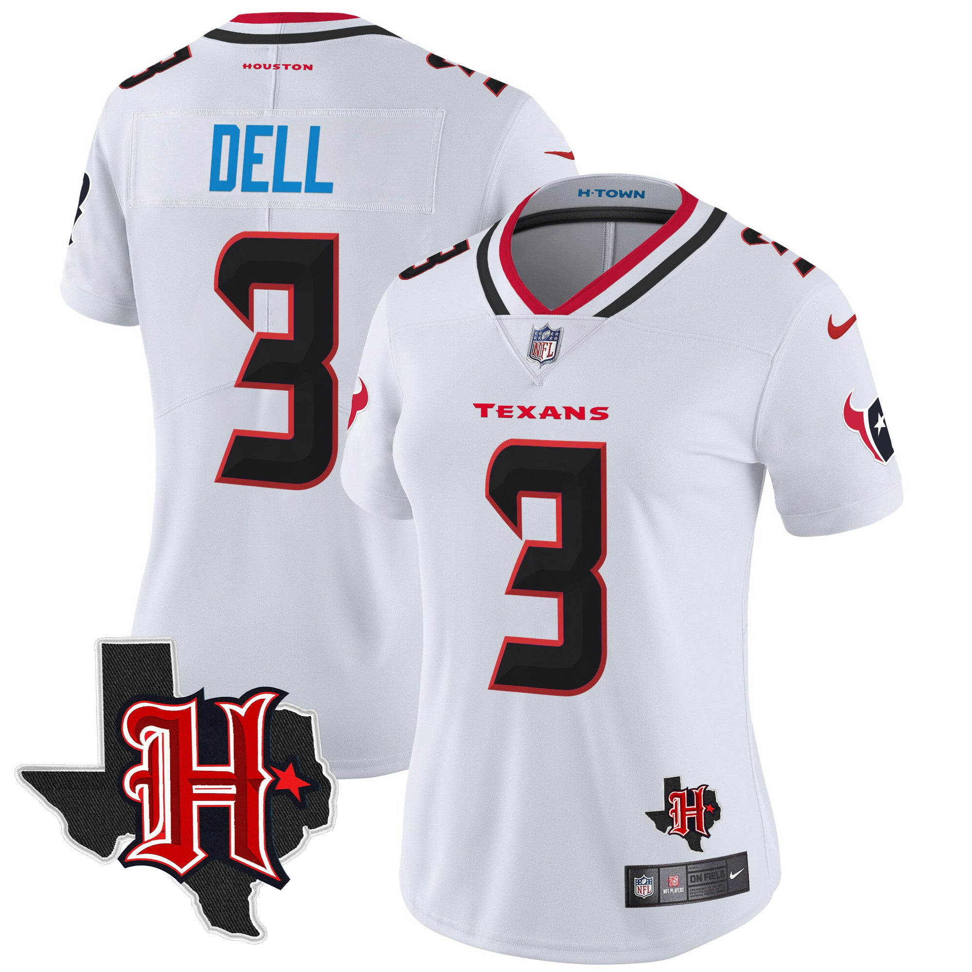 Women’s Houston Texans 2024 Texas Patch Vapor Limited Jersey V5 – All Stitched – White – Tank Dell Jersey