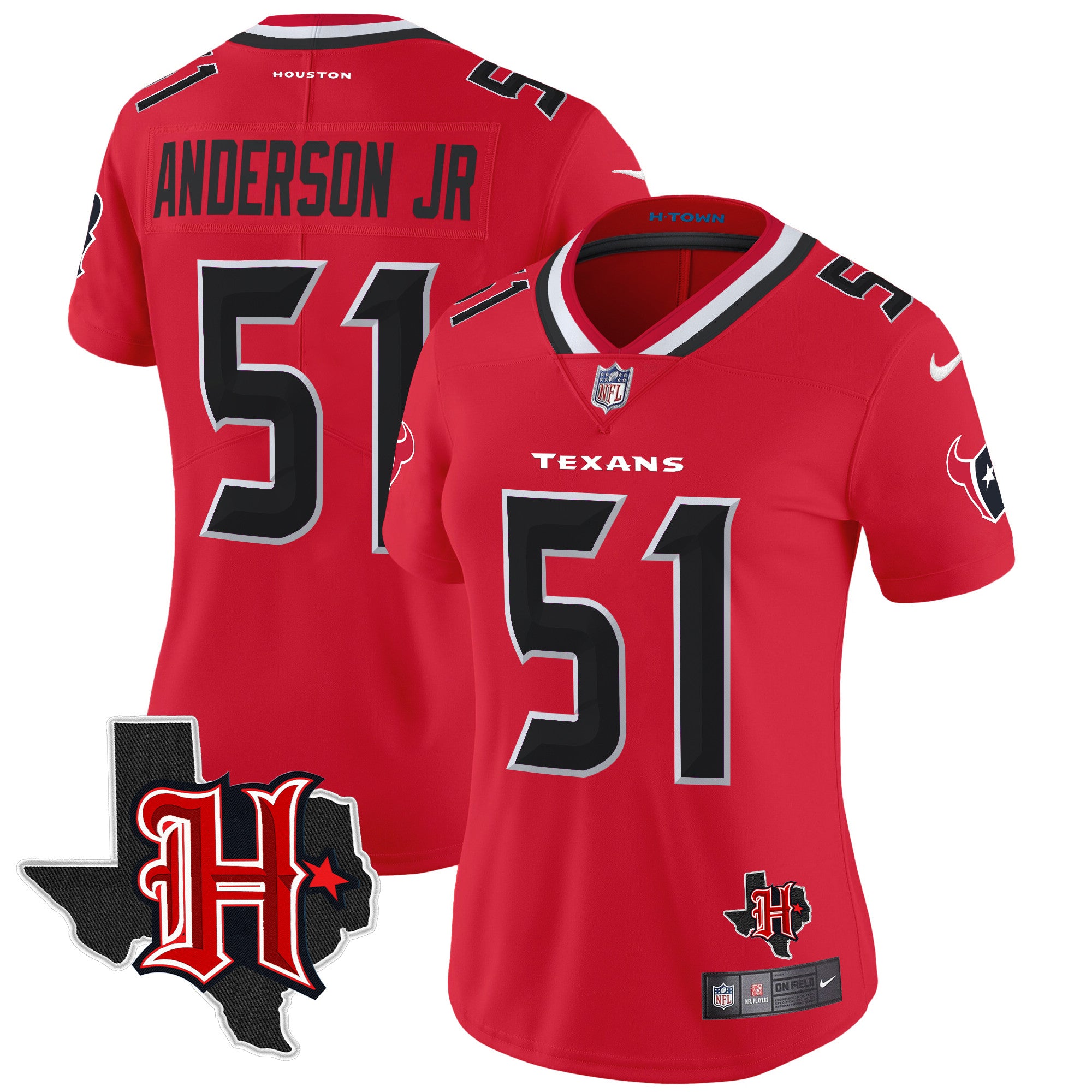 Women’s Houston Texans 2024 Texas Patch Vapor Limited Jersey V5 – All Stitched – Red – Will Anderson Jr. Jersey