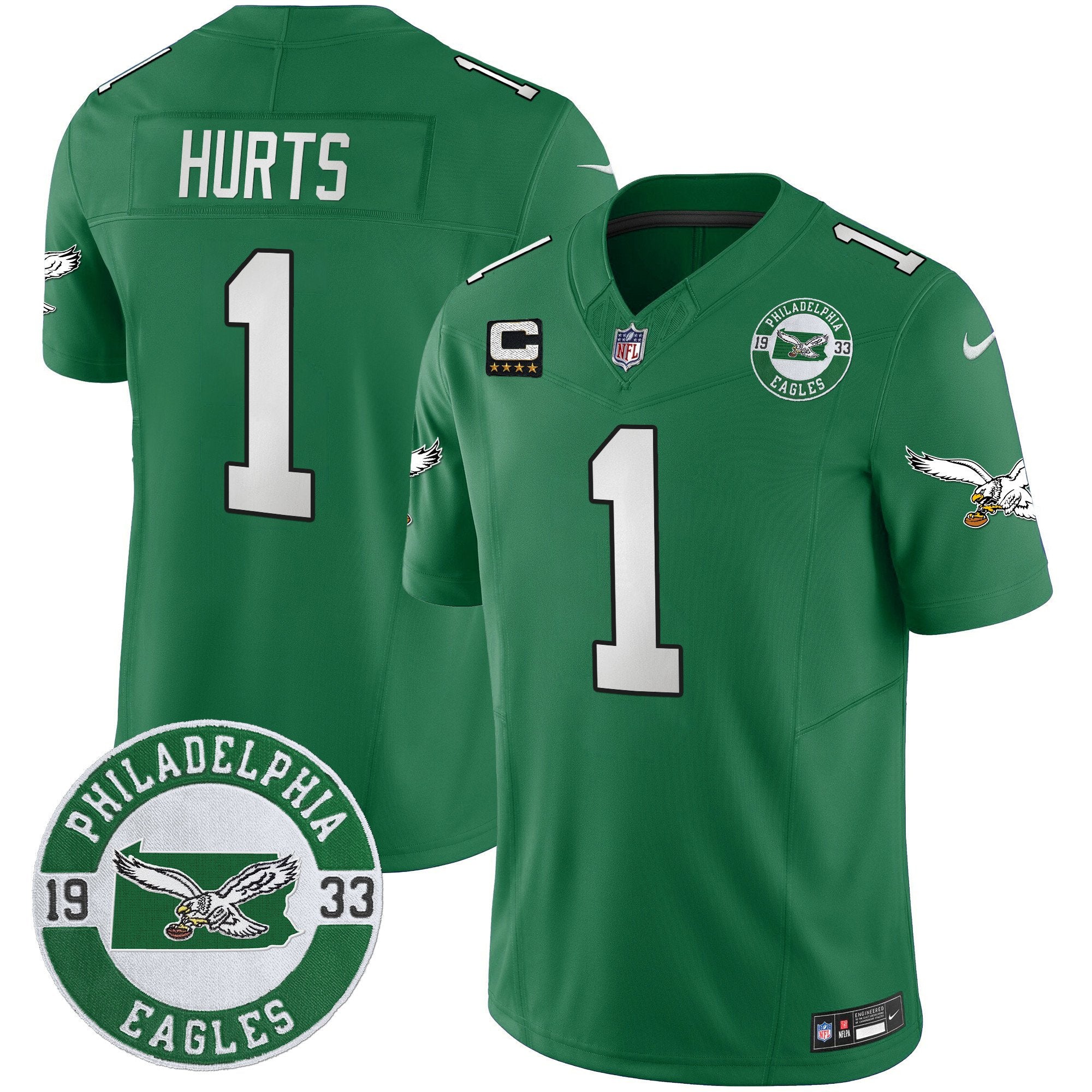 Philadelphia Eagles 2024 Throwback Vapor Limited Jersey – Est. 1933 Patch – All Stitched – Kelly Green – Jalen Hurts Jersey