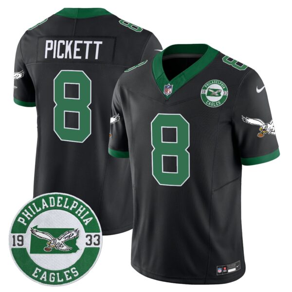 Philadelphia Eagles 2024 Throwback Vapor Limited Jersey – Est. 1933 Patch – All Stitched – Black – Kenny Pickett Jersey
