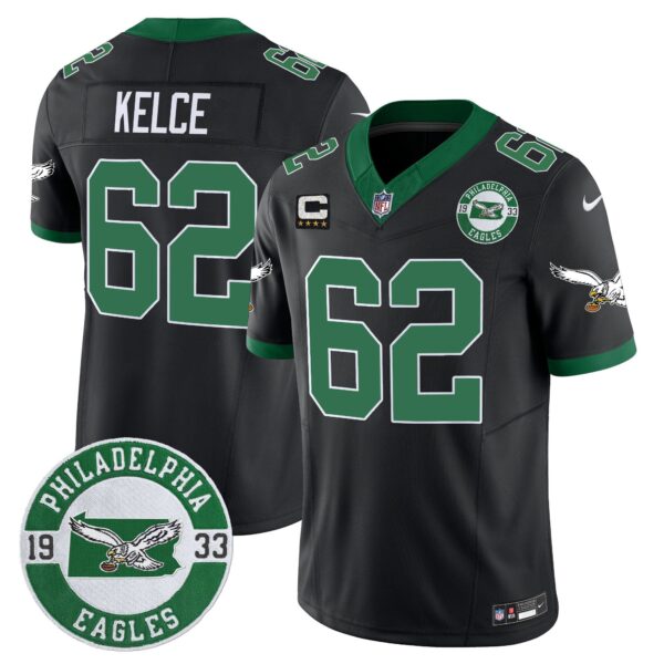 Philadelphia Eagles 2024 Throwback Vapor Limited Jersey – Est. 1933 Patch – All Stitched – Black – Jason Kelce Jersey