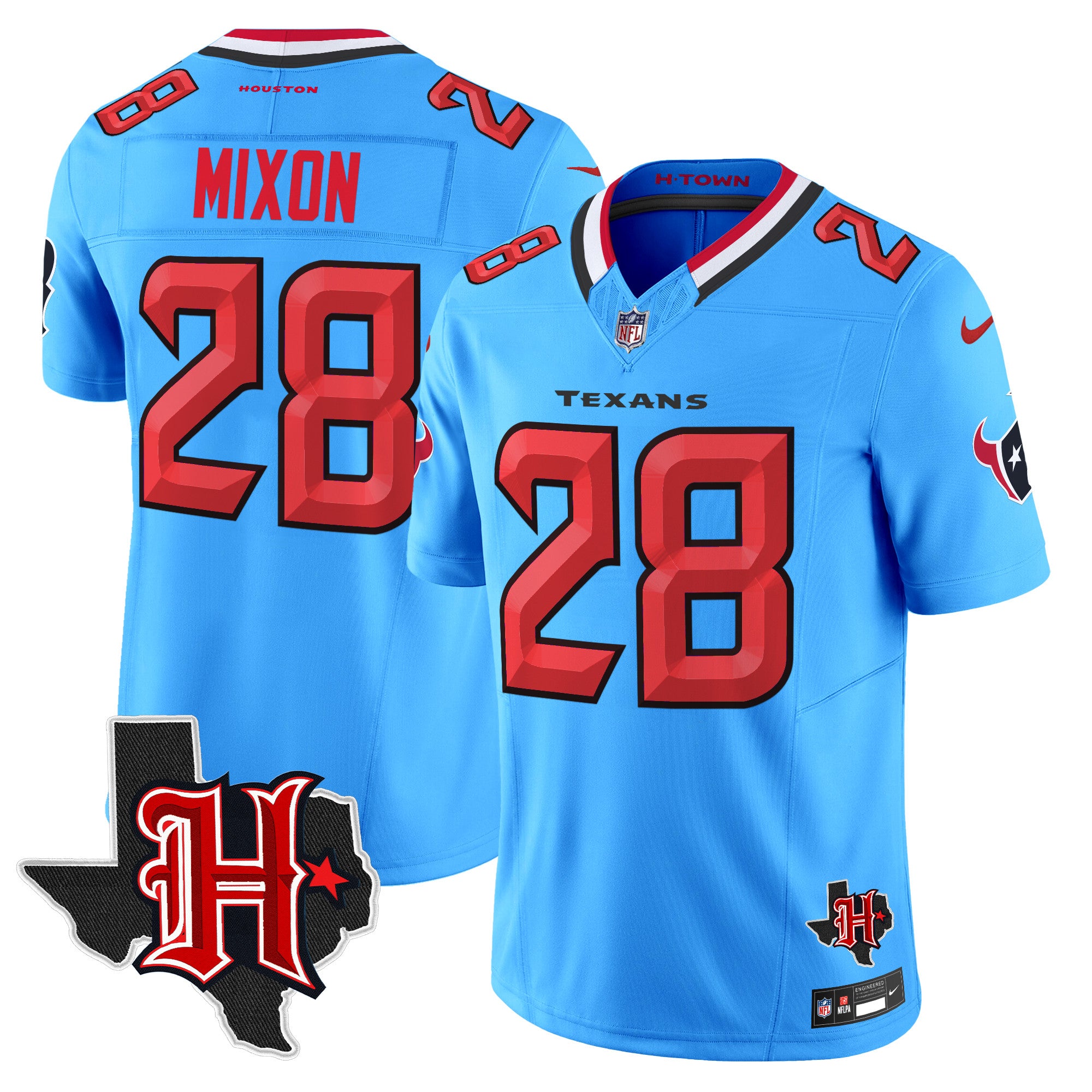 Houston Texans 2024 Texas Patch Vapor Limited Jersey V5 – All Stitched – Blue – Joe Mixon Jersey