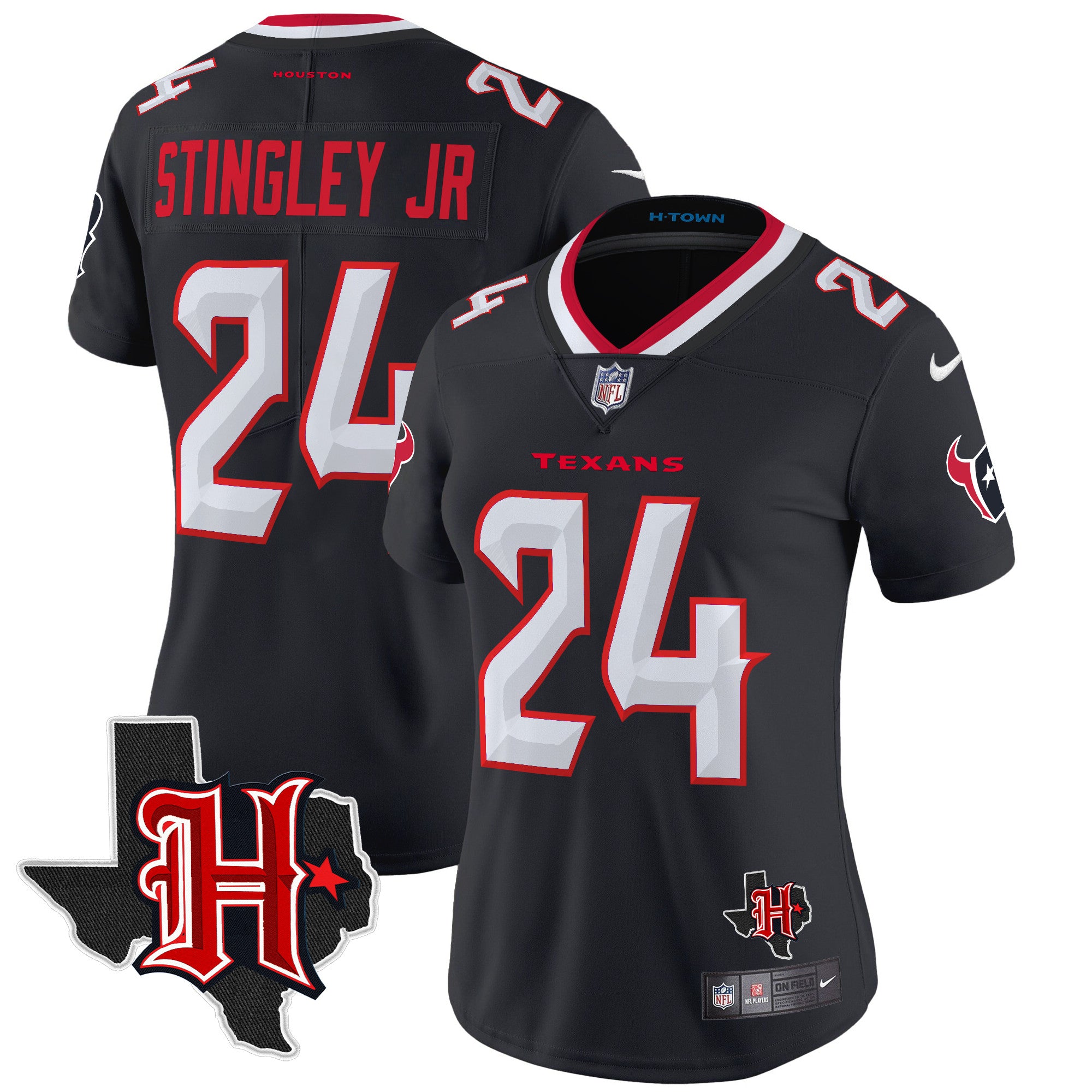 Women’s Houston Texans 2024 Texas Patch Vapor Limited Jersey V5 – All Stitched – Navy – Derek Stingley Jr. Jersey