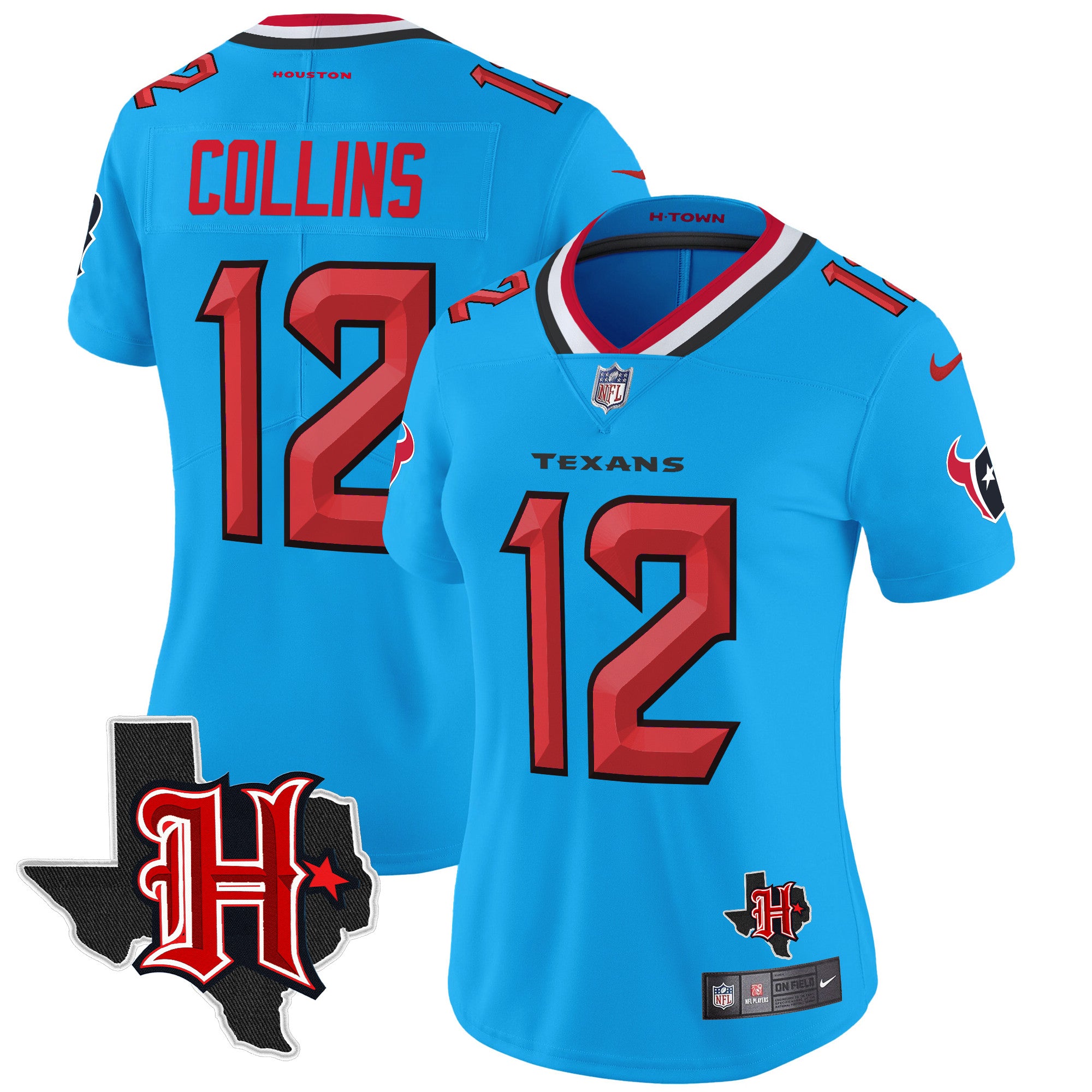 Women’s Houston Texans 2024 Texas Patch Vapor Limited Jersey V5 – All Stitched – Blue – Nico Collins Jersey