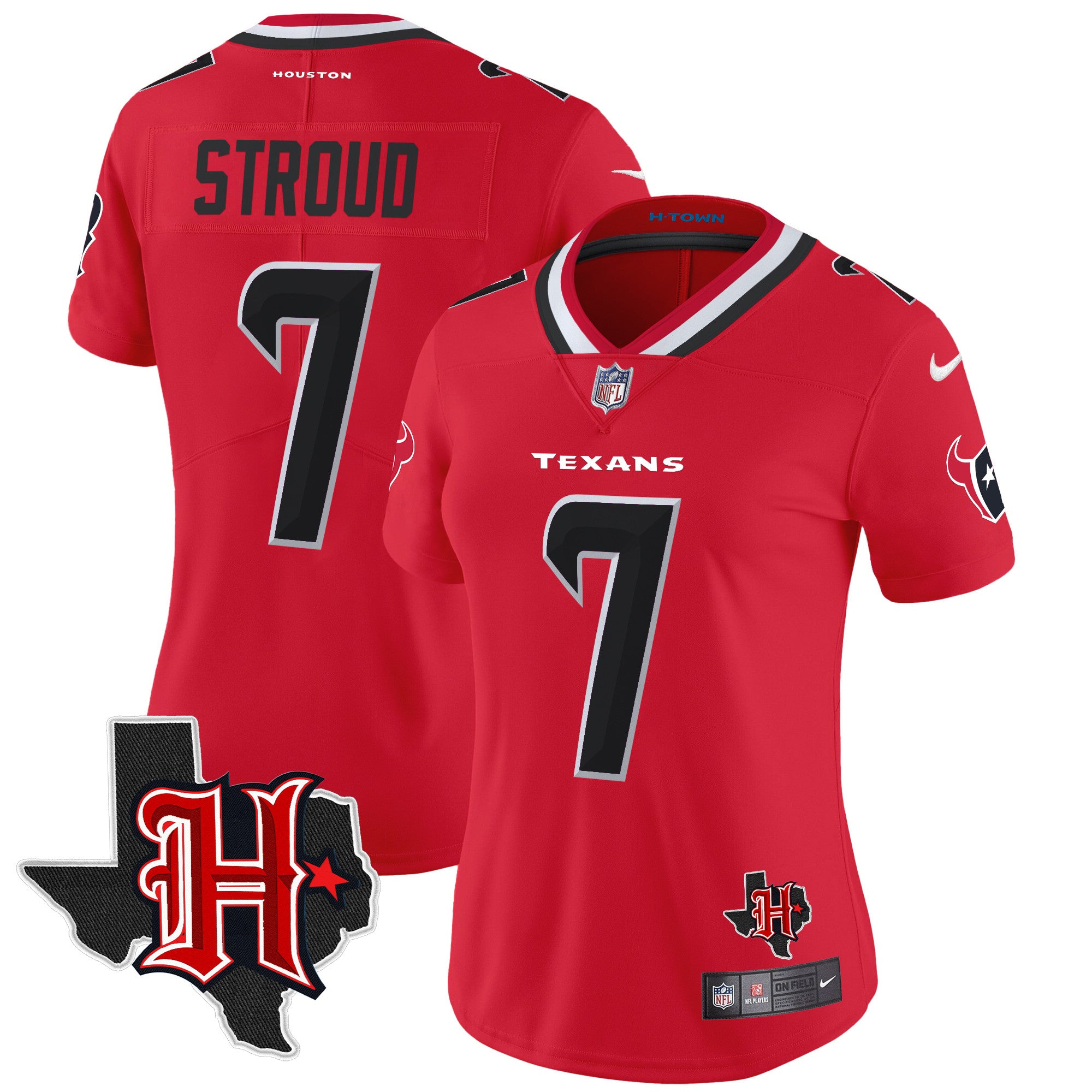 Women’s Houston Texans 2024 Texas Patch Vapor Limited Jersey V5 – All Stitched – Red – C.J. Stroud Jersey