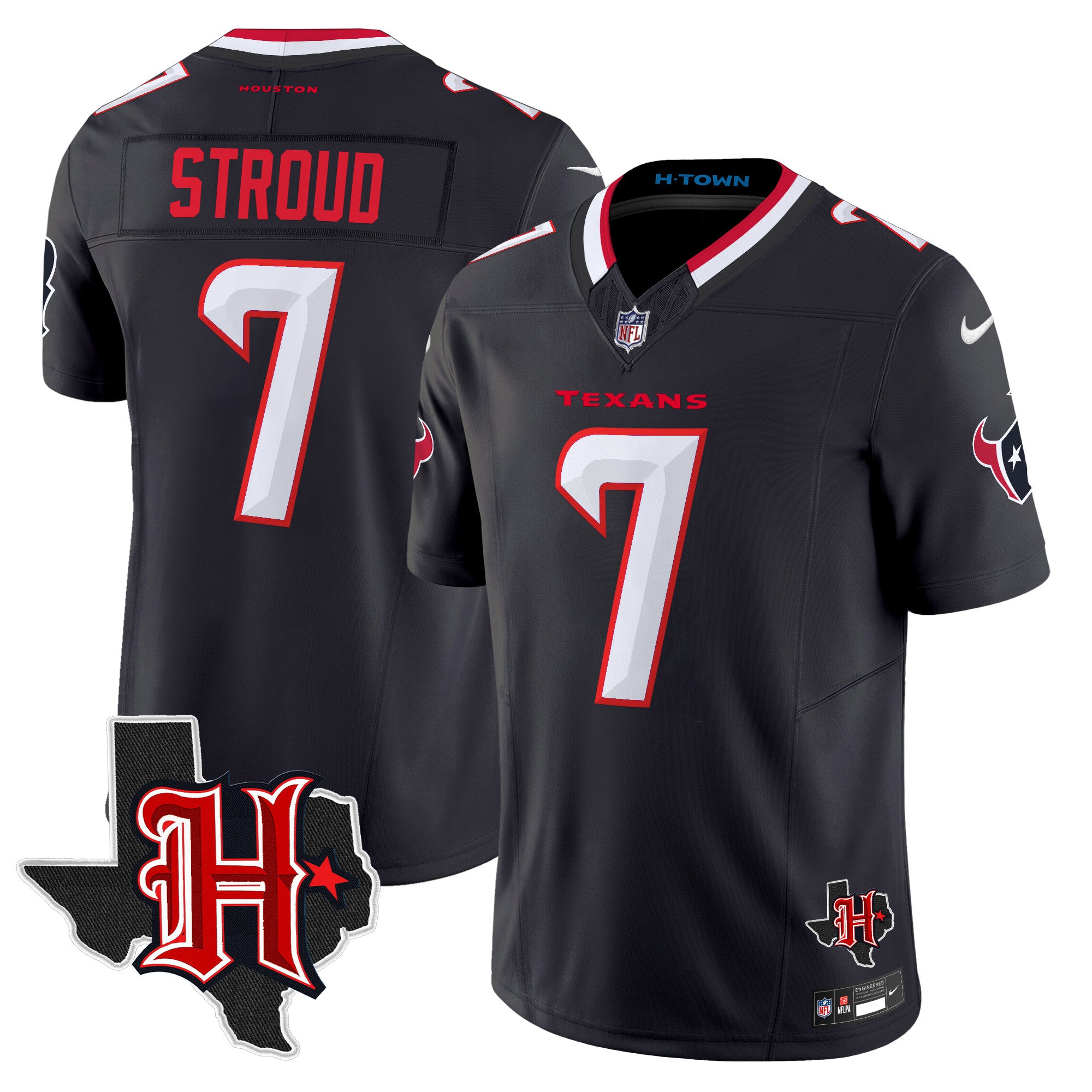 Houston Texans 2024 Texas Patch Vapor Limited Jersey V5 – All Stitched – Navy – C.J. Stroud Jersey