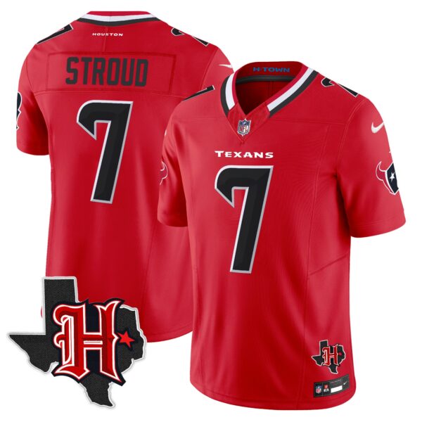 Houston Texans 2024 Texas Patch Vapor Limited Jersey V5 – All Stitched – Red – C.J. Stroud Jersey