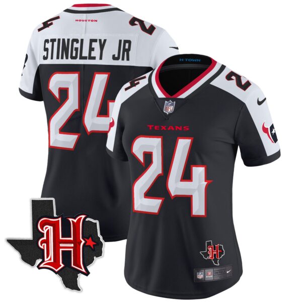 Women’s Houston Texans 2024 Texas Patch Vapor Limited Jersey V5 – All Stitched – Navy Alternate – Derek Stingley Jr. Jersey