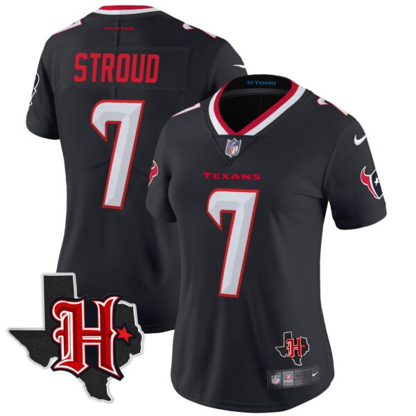 Women’s Houston Texans 2024 Texas Patch Vapor Limited Jersey V5 – All Stitched – Navy – C.J. Stroud Jersey