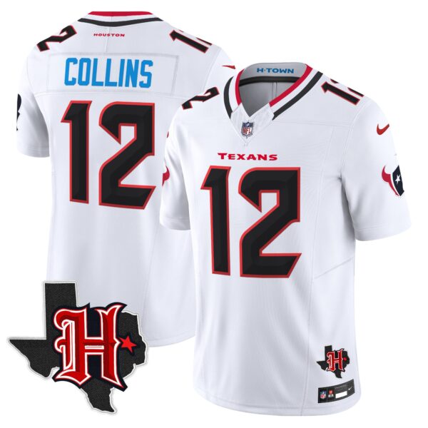 Houston Texans 2024 Texas Patch Vapor Limited Jersey V5 – All Stitched – White – Nico Collins Jersey